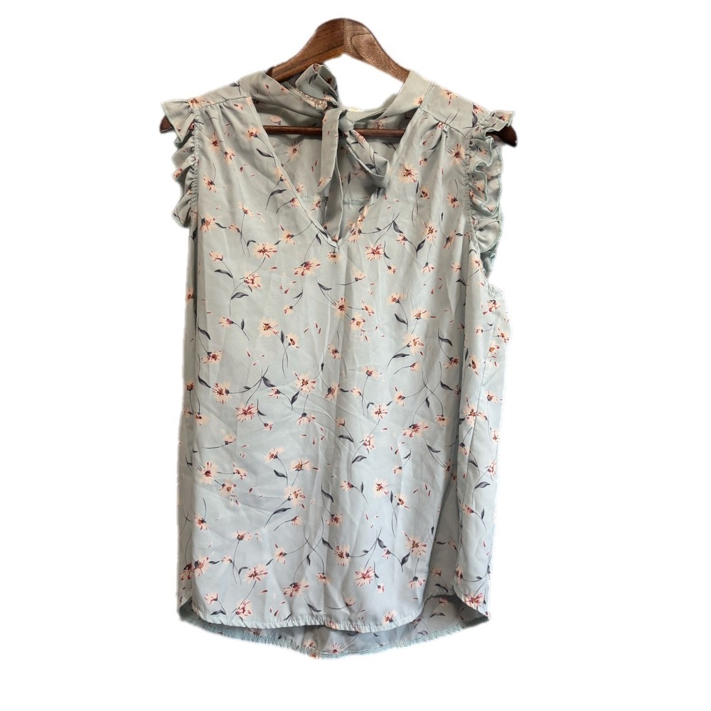 Trendy Is Floral Ruffle Blouse Womens XL Blue Excellent Tie Back Sleeveless‎ Top